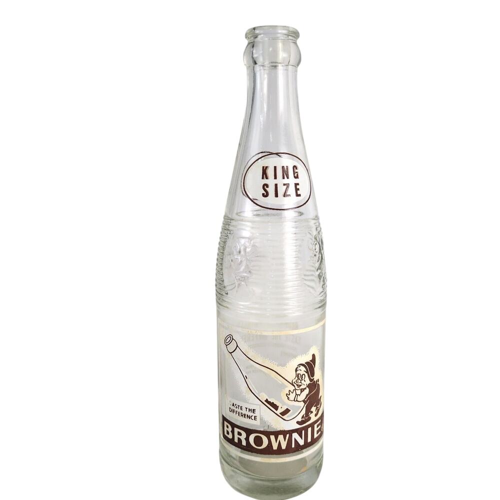 Vtg 60s Brownie Beverages King Size ACL 10oz Glass Soda Bottle, Schiller Park IL